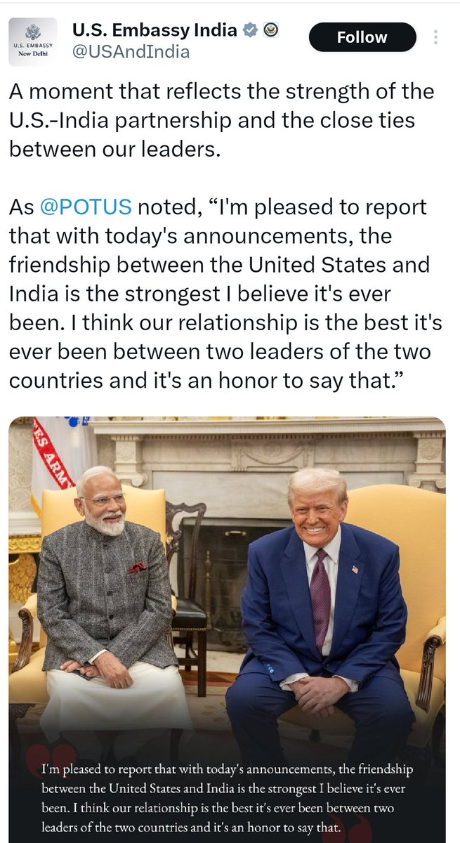 univartaindia1's tweet image. भारत में अमेरिकी दूतावास ने सोशल मीडिया पर एक पोस्ट साझा करते हुए भारत-अमेरिका संबंधों की मजबूती पर जोर दिया। दूतावास ने कहा कि यह पल अमेरिका-भारत साझेदारी की ताकत और दोनों देशों के नेताओं के बीच करीबी रिश्तों को दर्शाता है।

@USAndIndia । #IndiaUSRelations ।#IndiaUSPartnership