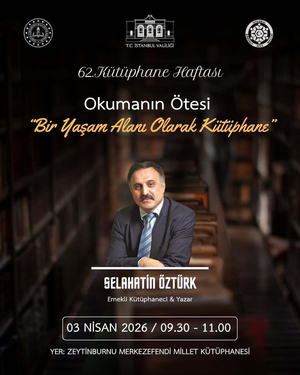 62.Kütüphane Haftası kapsamında, okumanın sınırlarını aşan çok özel bir söyleşide buluşuyoruz. Emekli kütüphaneci ve yazar Selahattin Öztürk, "Bir Yaşam Alanı Olarak Kütüphane" başlığıyla İstanbul Öğrenci Meclisleri ile biraraya geliyor. 📖✨

📍 Yer: Zeytinburnu Merkezefendi