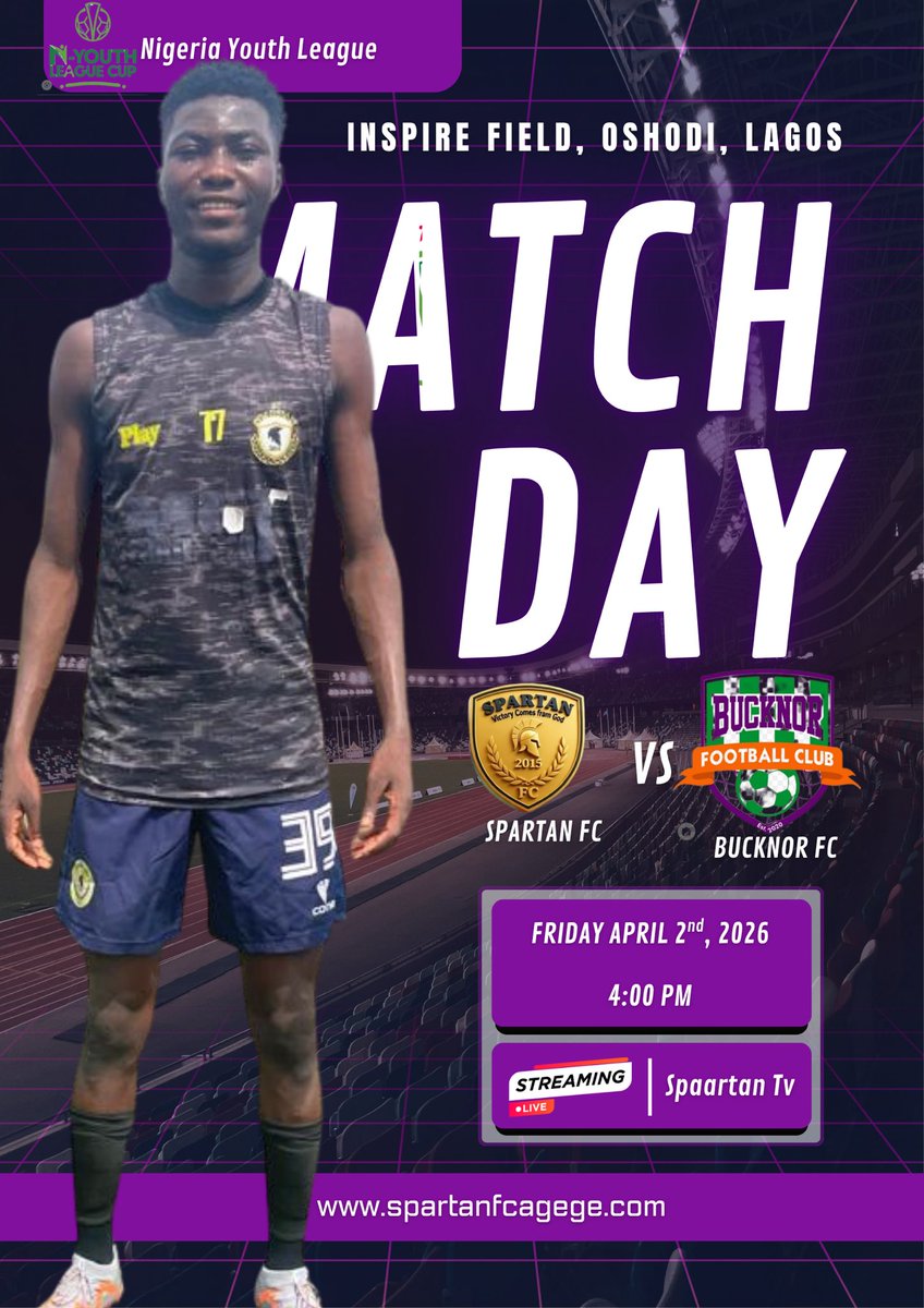 MATCHDAY: 
Spartan FC vs Bucknor FC 
PLACE: Inspire Field, Oshodi Lagos
Time: 4:00 PM 

#Football #nigeriafootball 

<a href="/Mr_JAGs/">Jubril A. Gawat</a> <a href="/9jaObserver/">Mukkie</a> <a href="/Deykho_sani/">Muhammed Sanni.</a> <a href="/TahaAdam_/">Taha</a>