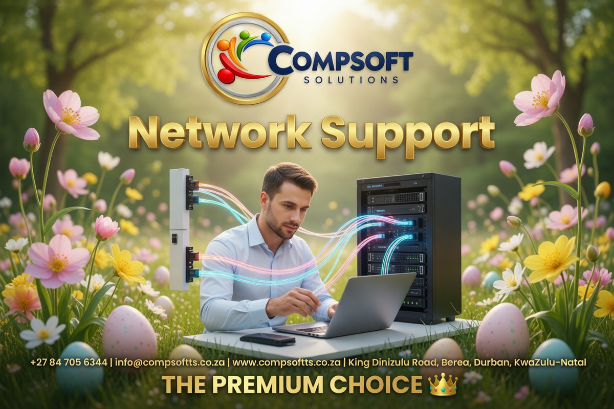 compsoftts's tweet image. 🌸 Stay connected this Easter and beyond! Our Network Support keeps your business online, secure and running at full speed. 📞 +27 84 705 6344 | 🌐 compsoftts.co.za 👑 THE PREMIUM CHOICE #NetworkSupport #HappyEaster #CompsoftSolutions #StayConnected #DurbanTech