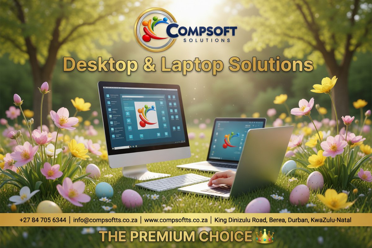 compsoftts's tweet photo. 🐣 Give your devices a fresh start this Easter! From repairs to upgrades — our Desktop & Laptop Solutions have you covered. 📞 +27 84 705 6344 | 🌐 https://t.co/i8U8hqmMWA 👑 THE PREMIUM CHOICE #LaptopSolutions #DesktopSupport #HappyEaster #CompsoftSolutions #TechRepairs #DurbanBusiness #KZN #PremiumChoice #EasterWeekend