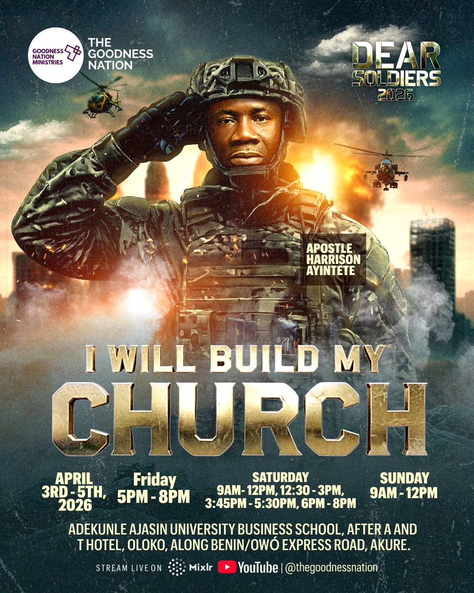 Preacherrapper's tweet photo. We begin DEAR SOLDIERS 2026 tomorrow!!

Easter is for DEAR SOLDIERS!!

To rekindle our fire for the work of ministry!!

To deepen our knowledge of Jesus’ work in salvation!!

To be fired up for Jesus again and again!!

Happening live in Akure, Ondo State.

Read Flyers for details!! @GoodnessNation