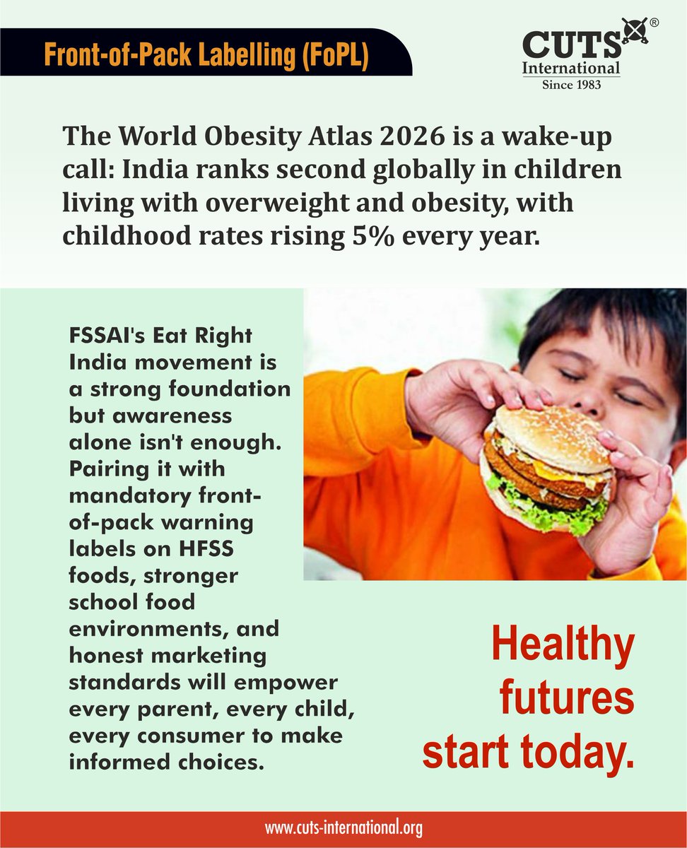 CUTS_CART's tweet photo. Awareness matters - but clearer labelling, healthier school environments, and responsible marketing can make all the difference. 

#ChildHealth #EatRightIndia #CUTSInternational @fssaiindia @MoHFW_INDIA @kalita_mp @WHO @amratindolia @Simi_TB https://t.co/UVB968Ud55