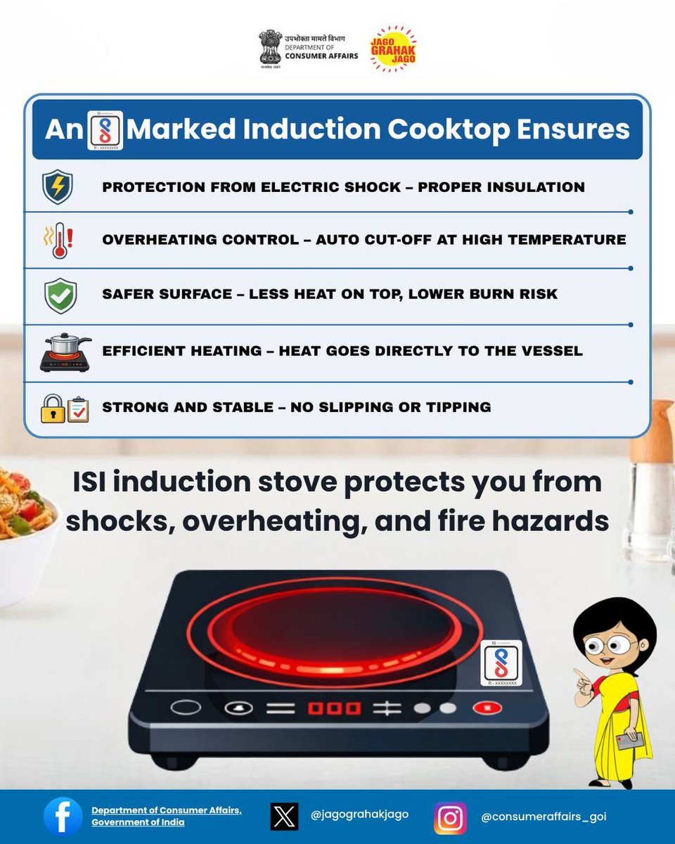 jagograhakjago's tweet photo. Cook smart and stay safe—always check for the CRS Mark before buying an induction stove to avoid risks like shocks, overheating, and fire hazards. #JagoGrahakJago #BIScertified #CRSMARK #ConsumerAwareness #NCH1915 https://t.co/M8SGwpDad3
