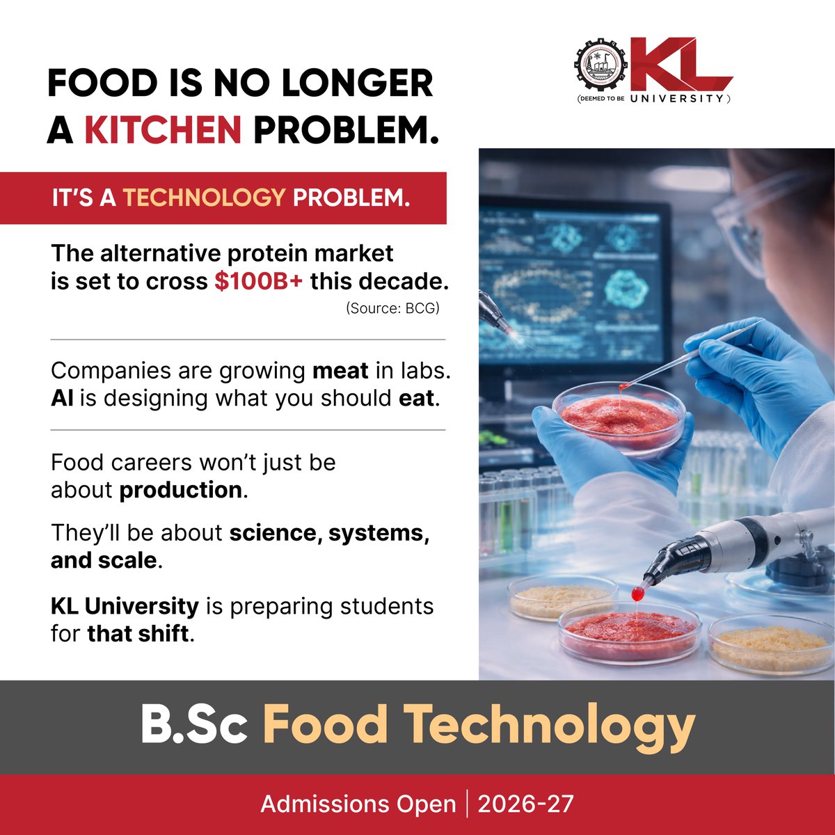 kluniversity's tweet photo. Food is becoming a deep-tech industry powered by AI, biotech, and sustainability.
Will you study the pastโor build the future of food?
๐ Admissions Open 2026โ27
๐ https://t.co/m05NrlM7wp
#BScFoodTechnology #FoodTech #FutureOfFood #KLUniversity #Admissions2026 https://t.co/hHYsYEeuMm