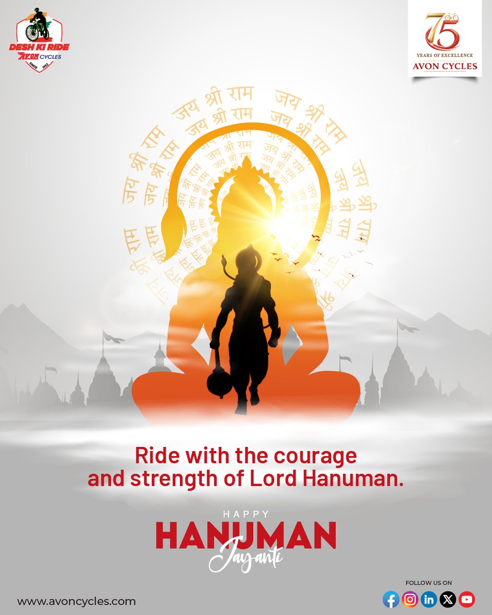 AvonCyclesIndia's tweet photo. Strength, courage, and devotion that move mountains. Ride ahead with the blessings of Lord Hanuman.
Happy Hanuman Jayanti! ๐
#HanumanJayanti #JaiShriRam #AvonCycles #DeshKiRide #RideWithStrength https://t.co/3eaYy7pHRJ
