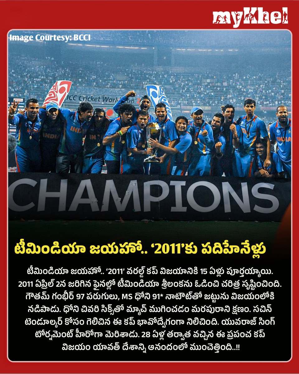 myKhelTelugu's tweet photo. టీమిండియా జయహో.. ‘2011’కు పదిహేనేళ్లు
#TeamIndia #ICCMensODIWorldCup #CWC2011 #ODIWorldCup #SportsUpdate #Mykheltelugu https://t.co/lwgVThji0X