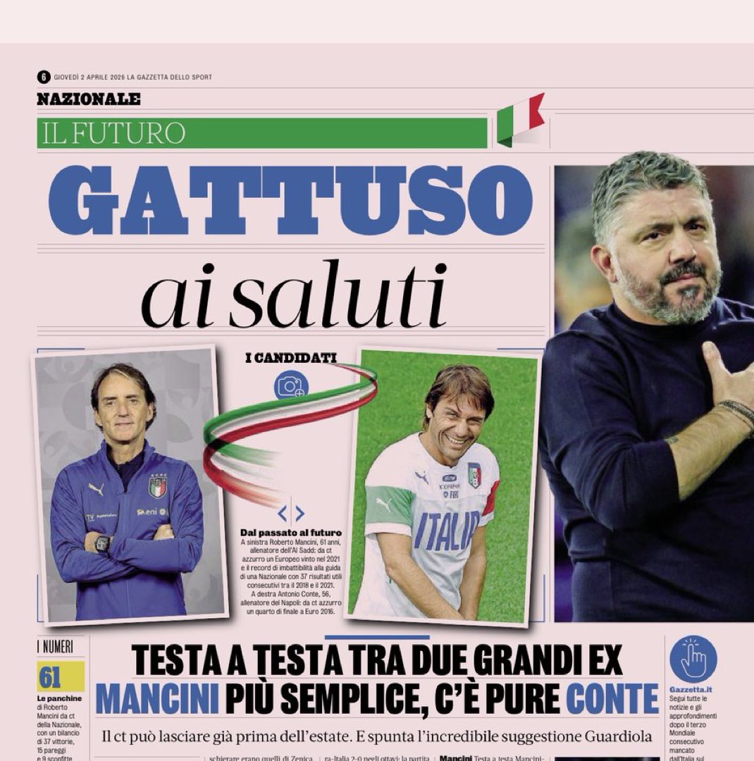 Guillaumemp's tweet photo. 🔴 Gazzetta : Gennaro Gattuso quittera très certainement le poste de sélectionneur de la Nazionale. Pour le remplacer, un duel Mancini-Conte. Mais attention à la piste… Pep #Guardiola. La Fédération pourrait tenter le coup avec un coup de pouce économique des sponsors. https://t.co/mPe9JId7JR