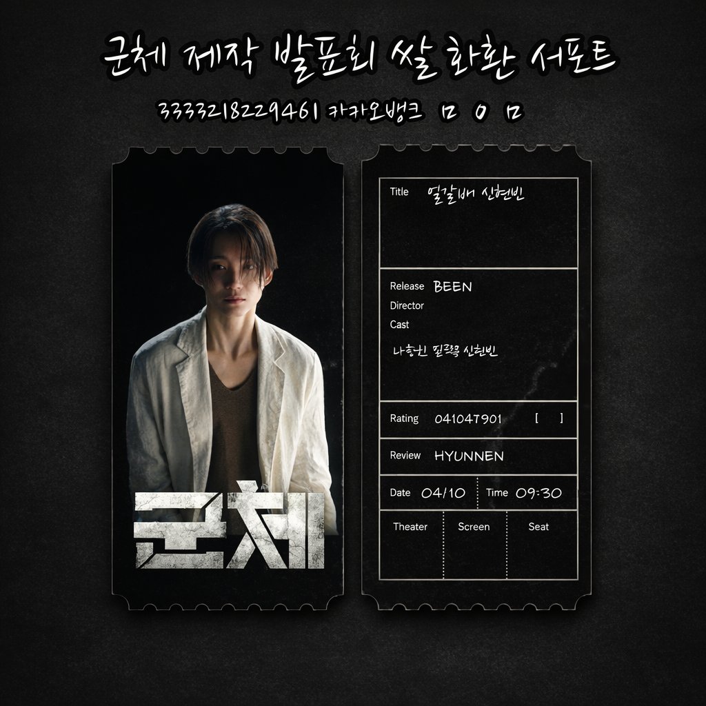 군체 제작발표회 쌀화환 서포트

5월에 개봉 예정인 영화 "군체" 제작발표회를 위해 쌀화환 서포트를 진행하고 있습니다.
<공설희>를 연기하는 얼갈배 신현빈 배우님을 위해 많은 참여와 응원 부탁드립니다 !
디엠 주시면 입금확인 해 드립니다

3333218229461 
카카오뱅크 ㅁㅇㅁ