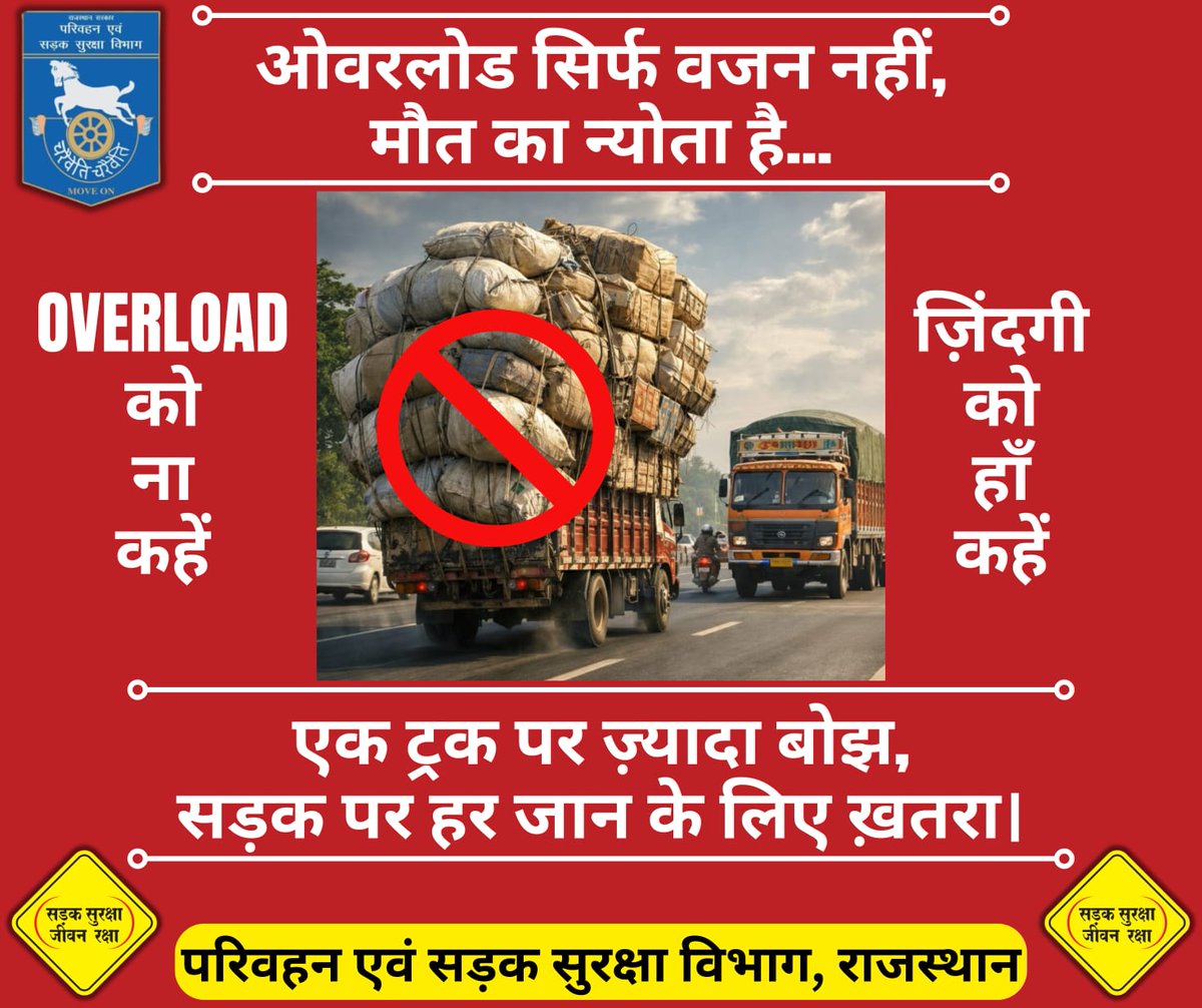 Road_Safety_Raj's tweet photo. ओवरलोड मौत का जोखिम
ओवरलोड को ना कहें,
ज़िंदगी को हाँ कहें।
@BhajanlalBjp
@DrPremBairwa
@nitin_gadkari
@svoruganti1466
@DIPRRajasthan
@MORTHIndia
#RoadSafety #NoOverload https://t.co/PEagj8uR7t