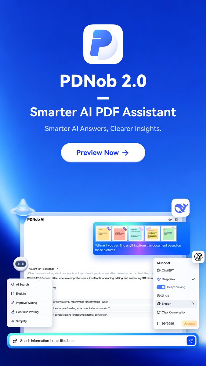 PDNobOfficial's tweet photo. Major Update 2
PDNob 2.0 comes with a smarter AI PDF assistant.

Ask questions about your documents, get answers with source references, and follow up with suggested prompts — all without leaving your file.

#PDNob #AIPDF #PDFEditor https://t.co/p838XI6FjU