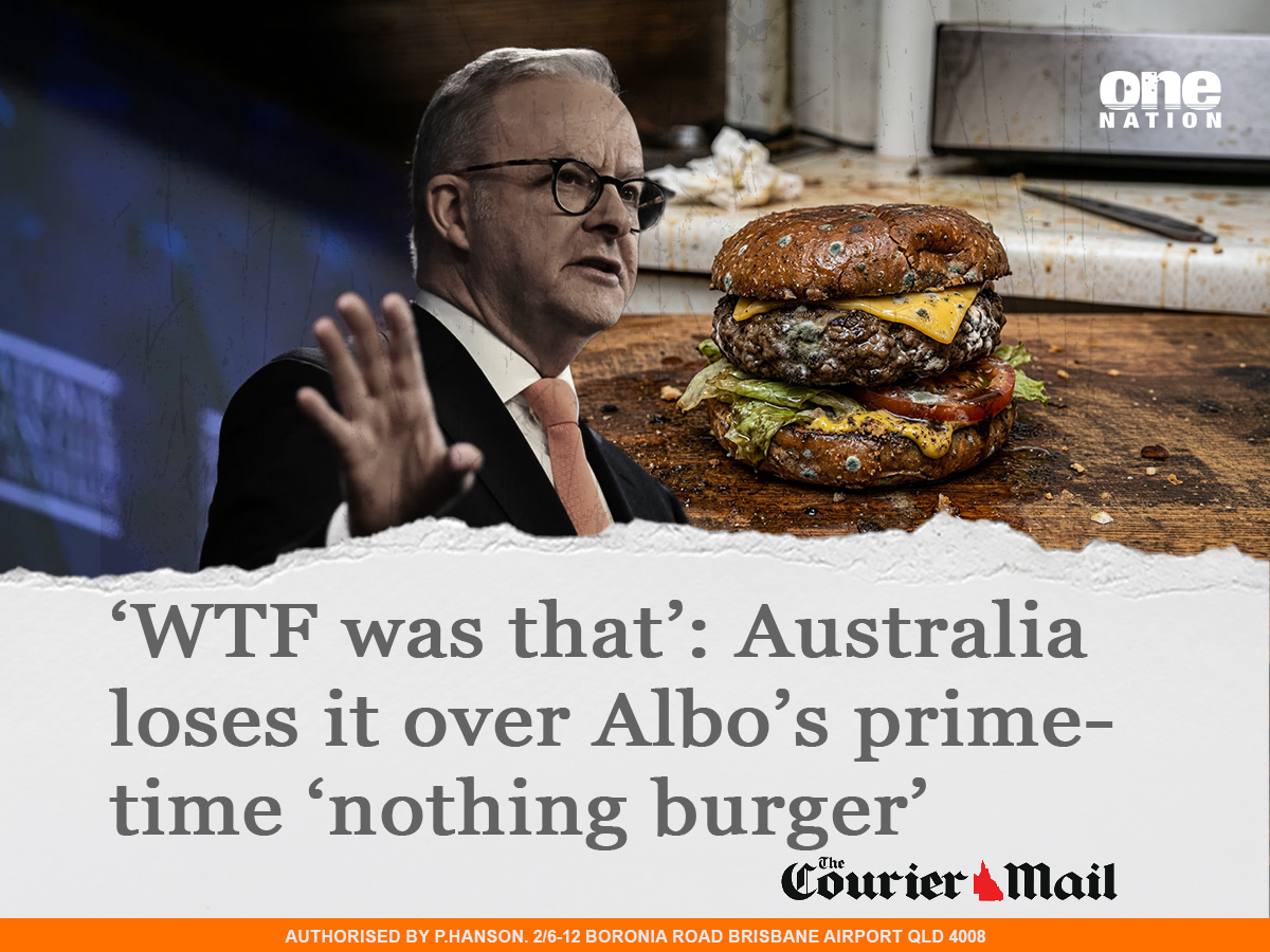 OneNationAus's tweet photo. Last night Australians were treated to a total waste of three minutes, three minutes of their lives they won’t get back.

The Prime Minister took control of all broadcast networks and, like some sort of dictator, announced… nothing.

A nothing burger sums up Albanese perfectly. Absolutely no nutritional value, and leaves you needing the loo after consuming it.