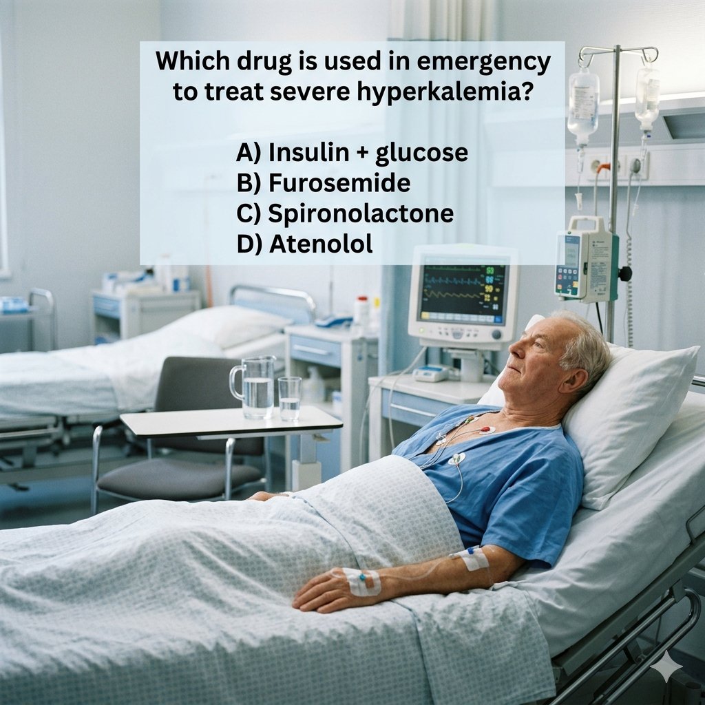 ZahoorAhmed1450's tweet photo. Which drug is used in emergency to treat severe hyperkalemia?

A) Insulin + glucose
B) Furosemide
C) Spironolactone
D) Atenolol https://t.co/0ubvynRpMX
