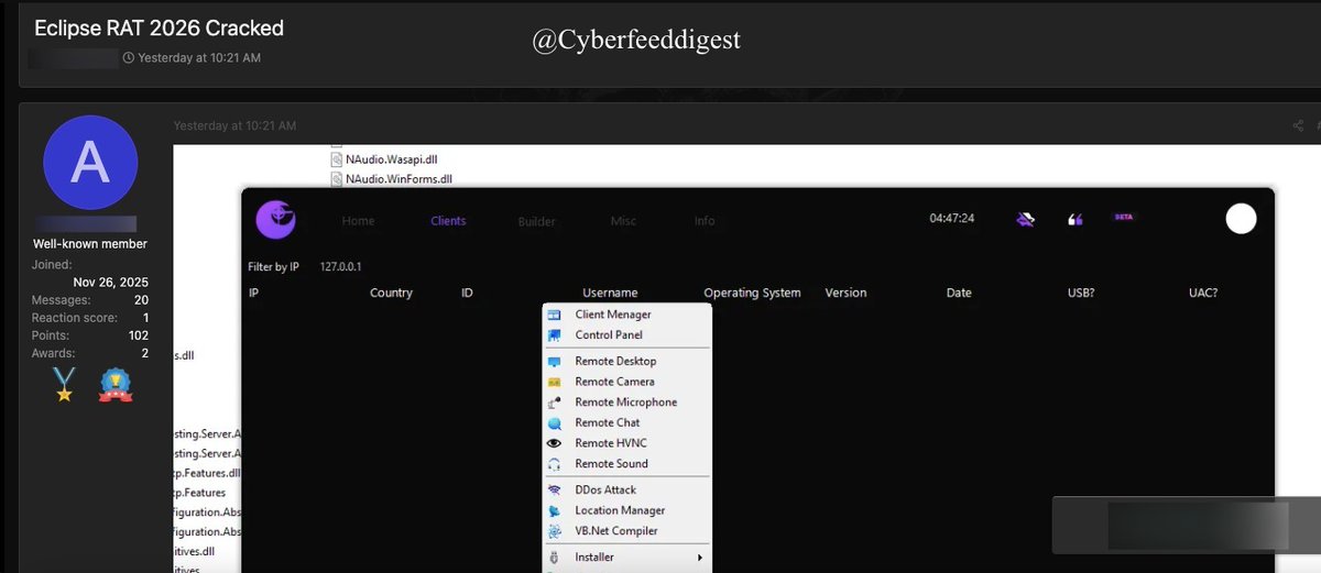cyberfeeddigest's tweet image. A member of a #Darkweb forum promoted #Eclipse #RAT 2026 Cracked

Key Features
Remote desktop access allowing full control over the victim’s system and real-time monitoring of activity.
Webcam and microphone access enabling unauthorized surveillance and recording.
#Malware