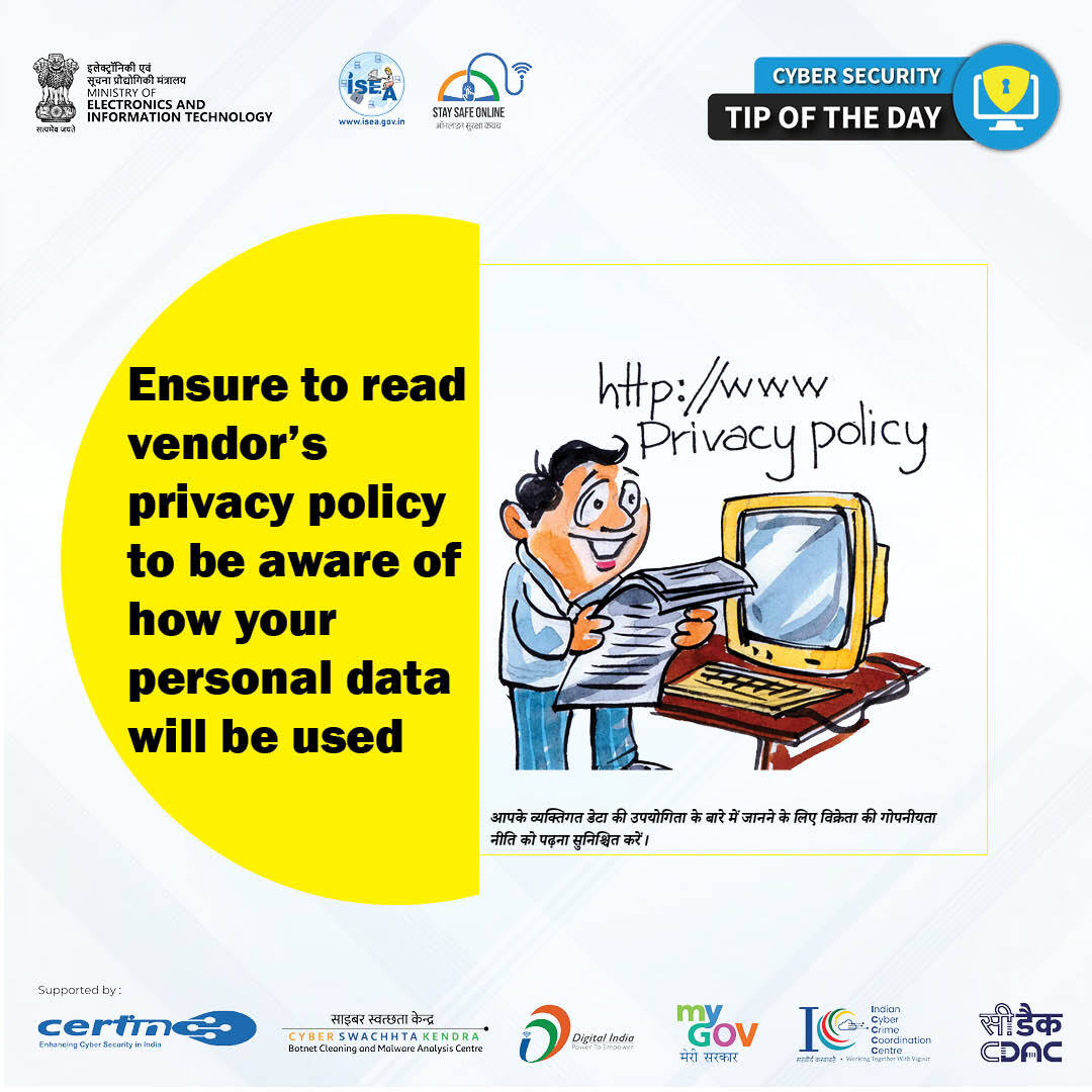 SSOIndia's tweet image. #TipOfTheDay
Before you click “Agree,” take a moment to read the privacy policy and understand how your personal data is being used.

#PrivacyMatters #DataProtection #CyberSecurity #StayInformed #DigitalSafety #OnlineAwareness

@GoI_MeitY @_DigitalIndia @mygovindia