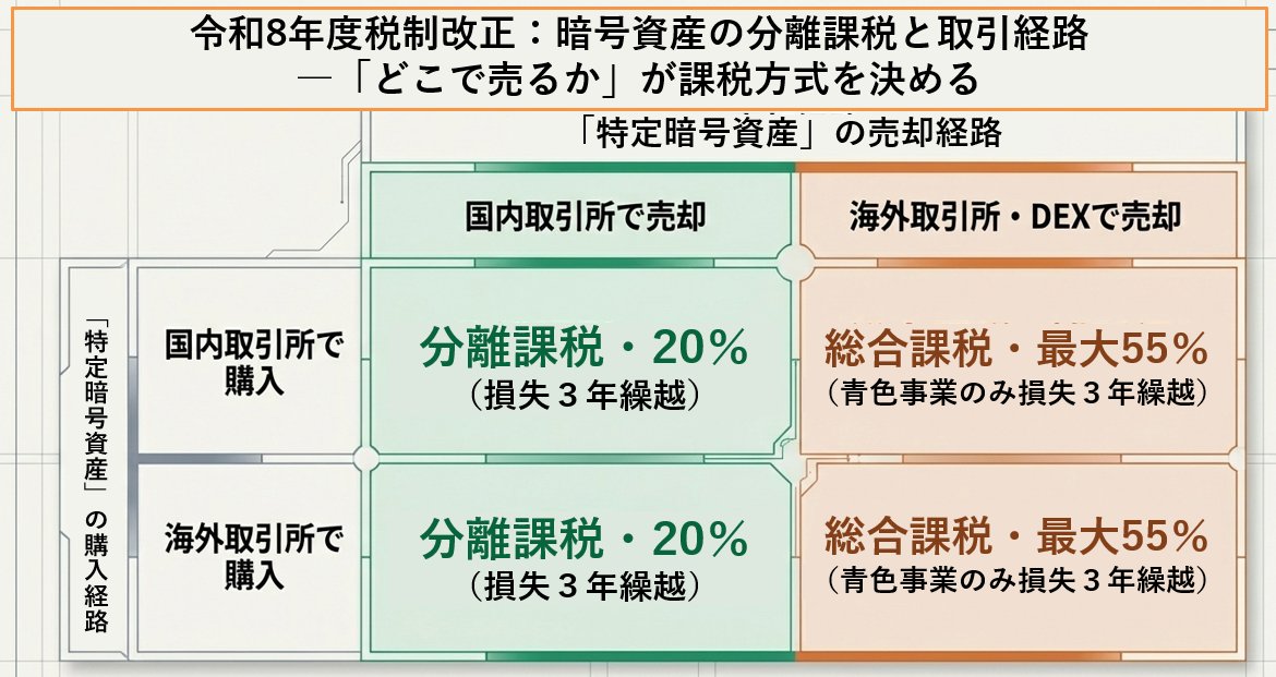 暗号資産の分離課税は「どこで売るか」で決まります。 

国内取引所（無登録はダメ）で買っても、海外取引所やDEXで売れば総合課税。 逆に、DEXで買っても国内取引所で売れば分離課税。 

取引経路ごとの取扱いをQ&amp;Aで整理しました。 izujun-tax.com/crypto-tax-rou…