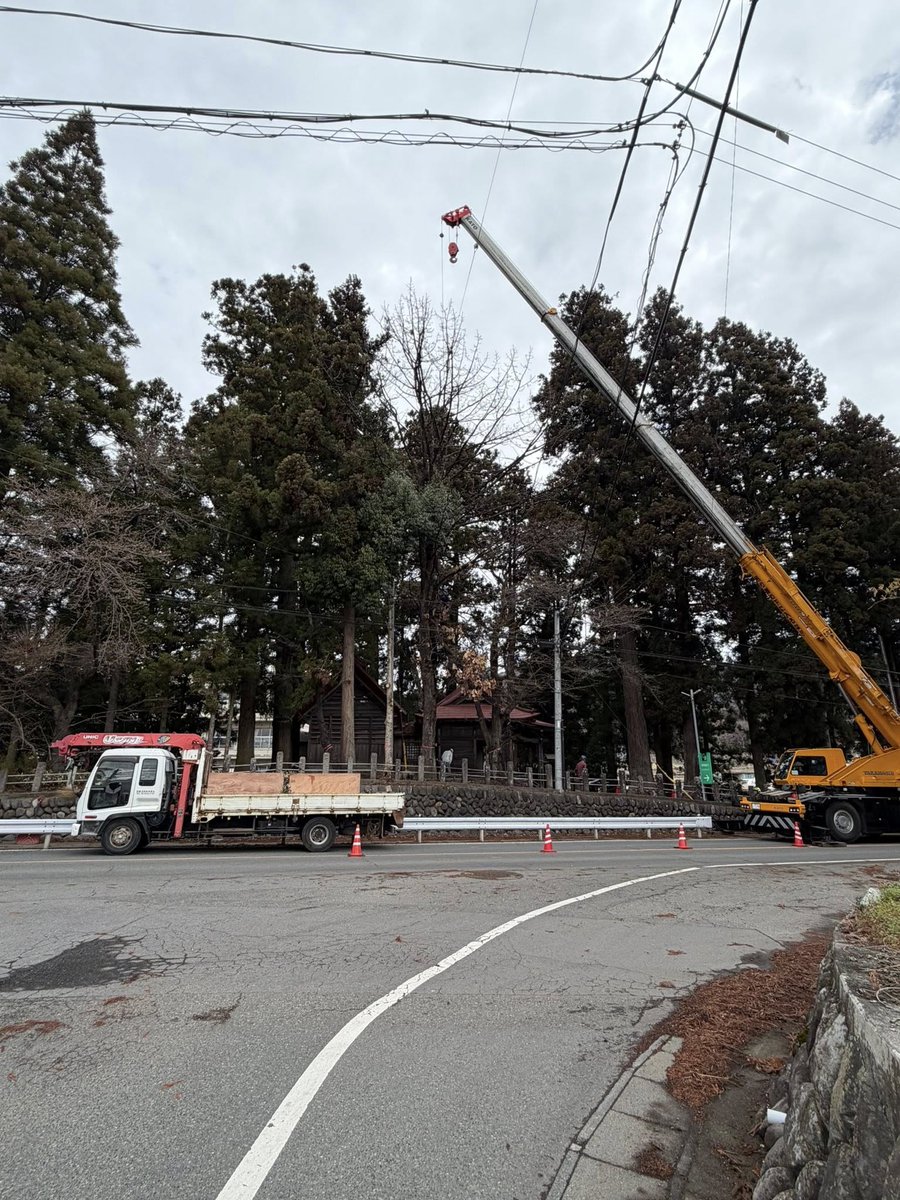 y109jp's tweet photo. 神社への参拝者はもちろん、子どもたちの通学路や遊び場にもなっている場所だけに、大変危険な状況が続いていました。
このたび、地元・高平区の皆さまのご尽力により、伐採・整備が進められています。
さらに、小学校側で腐食が進んでいた杉については、地元企業のご厚意により伐採が行われました。 https://t.co/YZvRn1ec1i