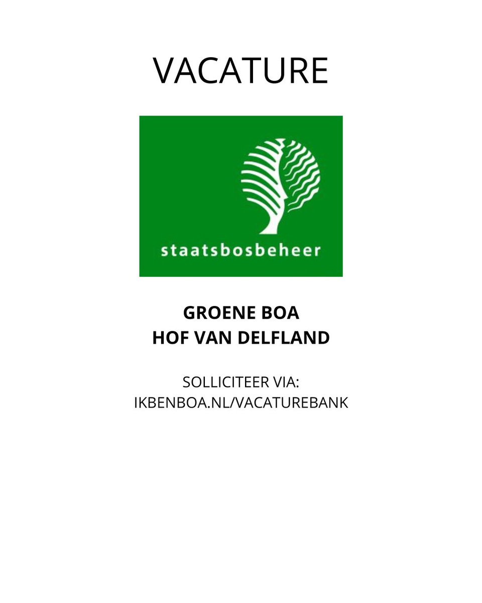 BoaAcp's tweet image. VACATURE STAAT NOG OPEN:
STAATSBOSBEHEER is op zoek naar:
GROENE BOA HOF VAN DELFLAND

Nieuwsgierig of direct solliciteren? 

Kijk op onze BOA Vacaturebank:
ikbenboa.nl/vacature/staat…

#boa #handhaving #staatsbosbeheer #vacature