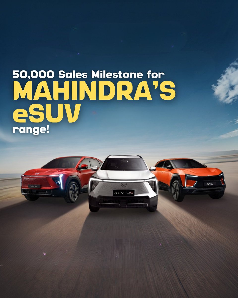 AUTOTODAYMAG's tweet image. Mahindra has officially crossed the 50,000-delivery mark for its eSUV range, achieving this milestone within a single year of launch. This volume indicates Mahindra's steady scaling within India’s competitive EV sector. 🔋🏁
#MahindraElectric #EVCommunity #Milestone #IndiaEV