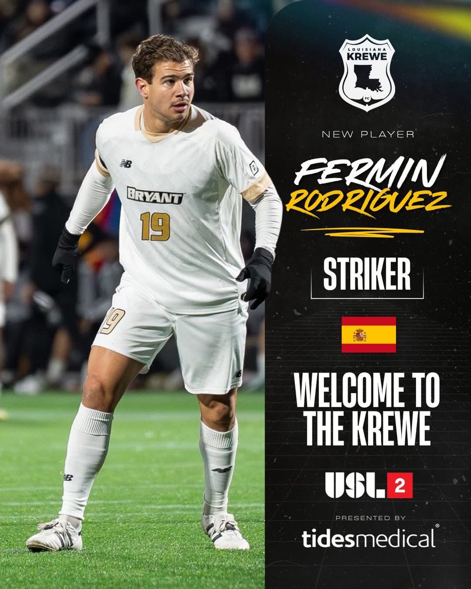 lakrewefc's tweet image. Fermin Rodríguez will join the Black and Gold this summer.

The striker from Valencia, Spain, arrives from Bryant University, where he played a key role in the program’s run to the NCAA Tournament Sweet 16.

#UptheKrewe #webeforeme #USLLeagueTwo