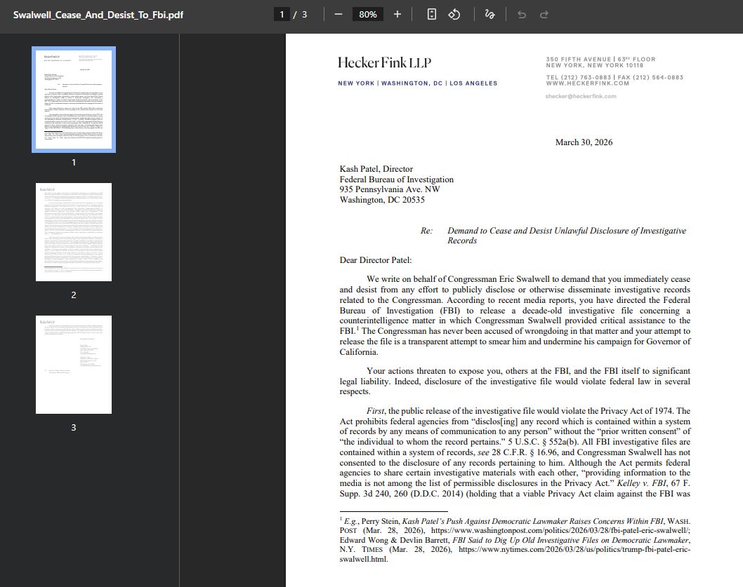 aus_mini's tweet image. 💥斯瓦尔韦尔律师给Kash Patel发禁止令了！
要求FBI别公开他和中共女间谍方芳的旧档案，声称是“抹黑”和干预加州州长选举。
x.com/aus_mini/statu…
方芳的档案要曝光了？这么慌😂
#Swalwell #FangFang #KashPatel