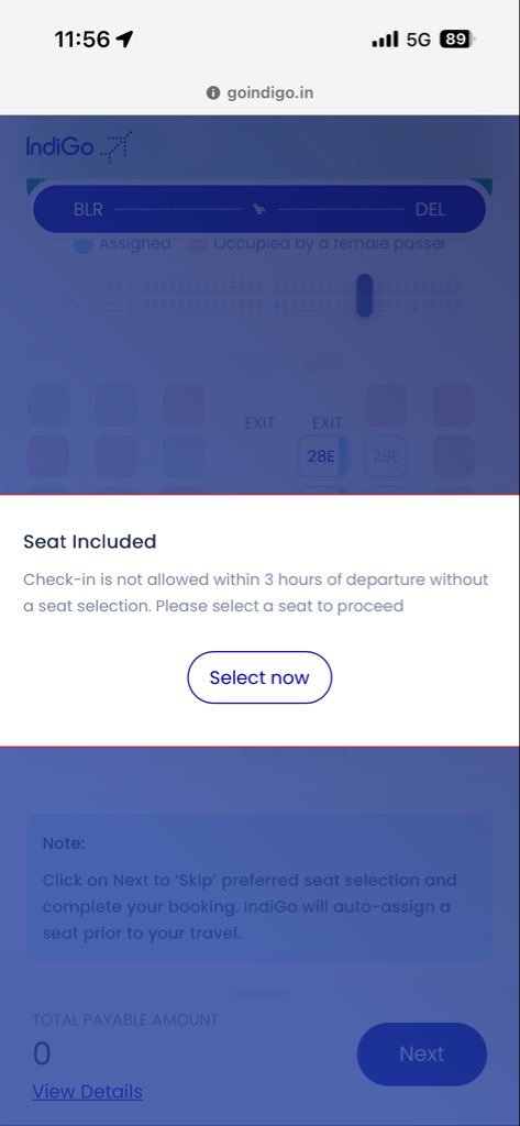 NishaRanjann's tweet photo. @IndiGo6E please resolve this crap!!

I am on my way to BLR airport and was doing web-checkin so I could use DigiYatra ( @DigiYatraOffice ). But the website is not allowing me to checkin without seat selection and it’s charging me to select the seat. Now I have to stand in queue? https://t.co/T7PLNC1Uht