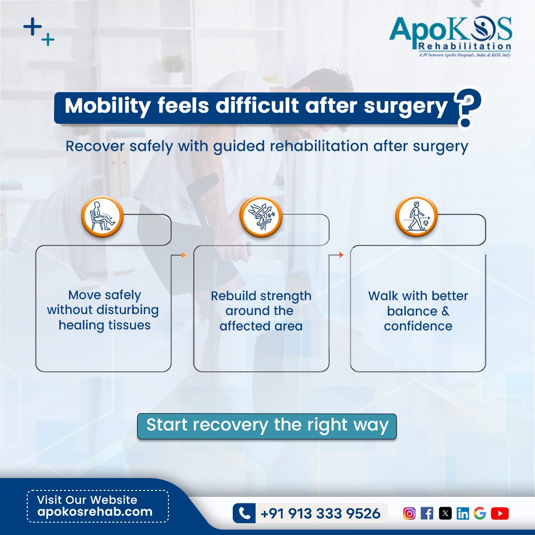 ApoKOSRe's tweet image. Mobility can feel difficult after surgery. Safe, guided rehabilitation helps you move without disturbing healing tissues, rebuild strength and regain balance for more confident walking.
.
.
.
.
.
#PostSurgeryRehab #MobilityRecovery #FunctionalRecovery #Rehabilitation #ApoKOSRehab