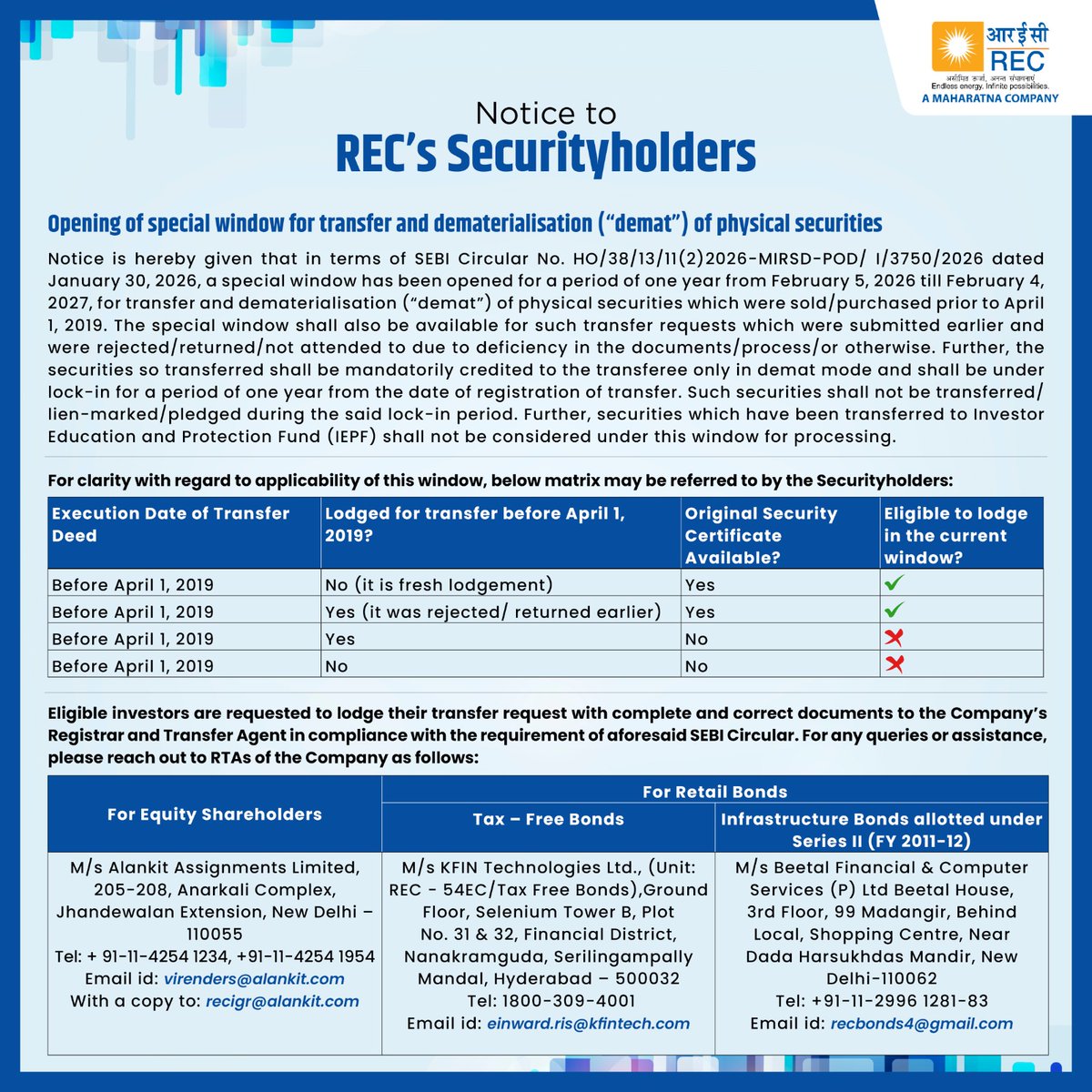 RECLindia's tweet photo. "Notice to REC’s Securityholders regarding  Opening of Special Window for Transfer and Dematerialisation of Physical Securities"

#REC #SpecialWindow #Demat #PhysicalToDemat #InvestorAlert #RECUpdate #SEBI #RECLimited 

@MinOfPower @mlkhattar @officeofmlk @SEBI_India  @PrinceDhawan89 @shripadynaik @narayanantbjp @Dnandinit @tscbosh @ValliREC @srijitendraias @PIB_India @power_pib @mygovindia @SEBI_India @RBI