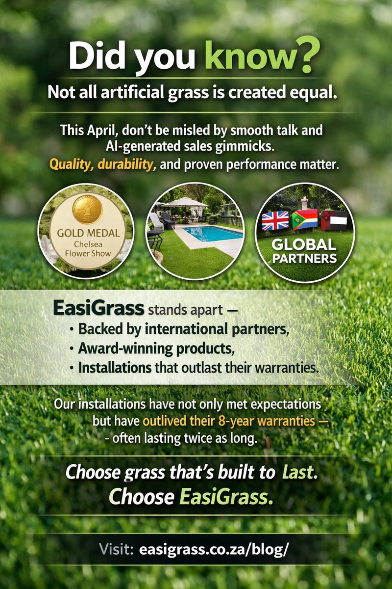 Easigrass_PTA's tweet photo. Did you know? Not all artificial grass is created equal.

This April, don’t be misled by smooth talk and AI-generated sales gimmicks. Quality, durability, and proven performance matter. https://t.co/bZkZk0q4GG