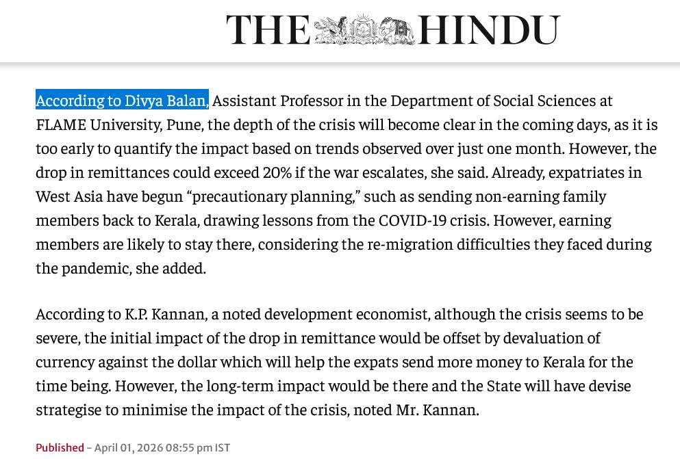DivyaBalan14's tweet photo. I’ve been quoted in @the_hindu today on the potential decline in Gulf remittances &amp; what it could mean for Kerala’s economy.

Sharing the piece here for those interested in these evolving dynamics: https://t.co/XtL9OZ10tE https://t.co/PgLaCafVoQ