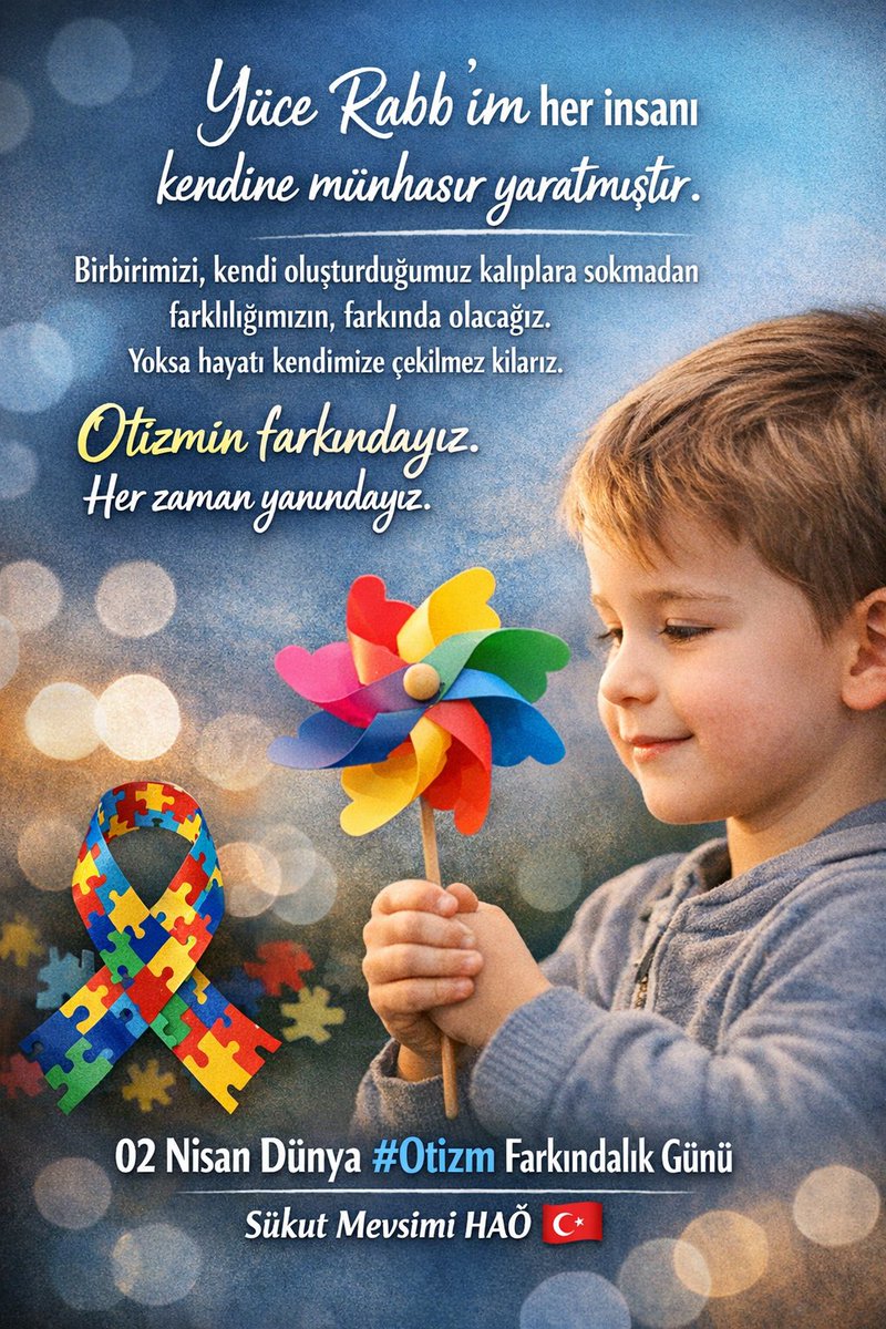 Yüce Rabb'im her insanı kendine münhasır yaratmıştır.

Birbirimizi, kendi oluşturduğumuz kalıplara sokmadan farklılığımızın, farkında olacağız. Yoksa hayatı kendimize çekilmez kılarız. 

Otizmin  farkındayız. Her zaman yanındayız.

 02 Nisan Dünya #OtizmFarkındalıkGünü 🇹🇷