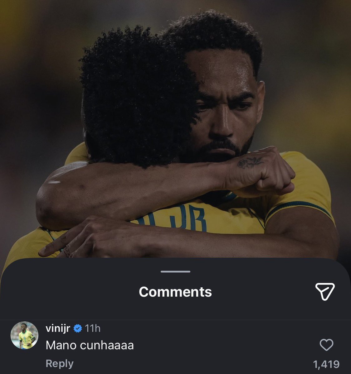 FrankEra_'s tweet photo. 🚨📸 | Vinícius Júnior replies to Matheus Cunha’s Instagram post:

“Brother Cunhaaaa” 🤝🇧🇷 https://t.co/6eWJG2InSS