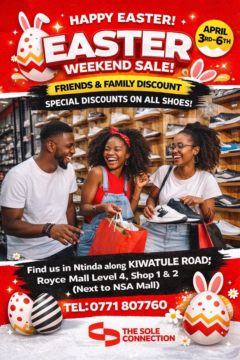 thesoleconnect1's tweet image. Easter just got better 🤩

Enjoy 10% OFF all shoes this Easter weekend! Step in with friends &amp;amp; family and grab your perfect pair 👟

📍 Royce Mall, Ntinda next to NSA Mall 
🗓 Apr 3–6
📞 0771807760

Don’t miss out,come shop &amp;amp; smile 😃
#SoleConnection #EasterSale #ShopAndSave