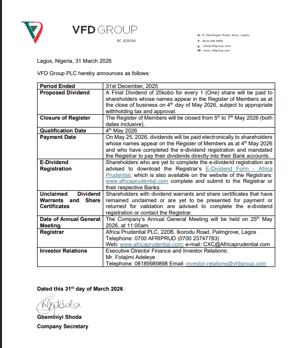 StockmanNigeria's tweet image. VFD Group proposed a 25 kobo final #dividend per share, payable to shareholders on record as of May 4, 2026,