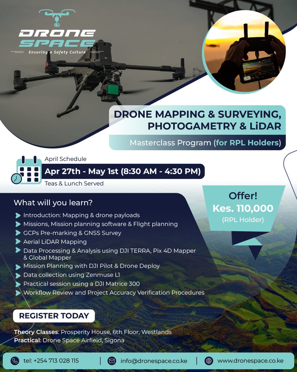 DroneSpaceKenya's tweet image. Turn drone flights into usable data. Learn mission planning, ground control points, and map processing to deliver accurate, client-ready outputs.

#DroneMapping #AerialSurvey #GIS #Photogrammetry #DronePilot #UAV #MappingWorkflows