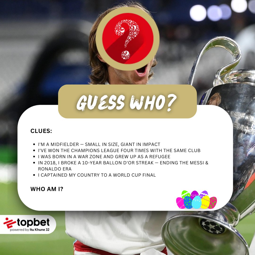 TopbetSA_'s tweet photo. 🐣 GUESS WHO?
Read the clues… do you know who this football legend is? Drop your guess in the comments 👇
Guess correctly and stand a chance to WIN a R50 Topbet voucher 🏆
#GuessWho #FootballTrivia #EasterSports #Topbet #BetSmarterWinBigger #FootballFans https://t.co/X69w6fwskQ