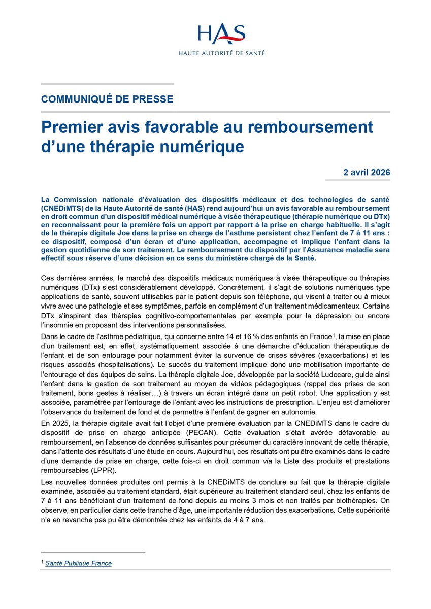 HAS_sante's tweet photo. #Communiqué | La HAS rend un premier avis favorable au remboursement d’une thérapie numérique (DTx) : un dispositif dans la prise en charge de l’#asthme persistant chez l’enfant de 7 à 11 ans
👉 https://t.co/KALpyDDddC https://t.co/JcbMvQxoB5