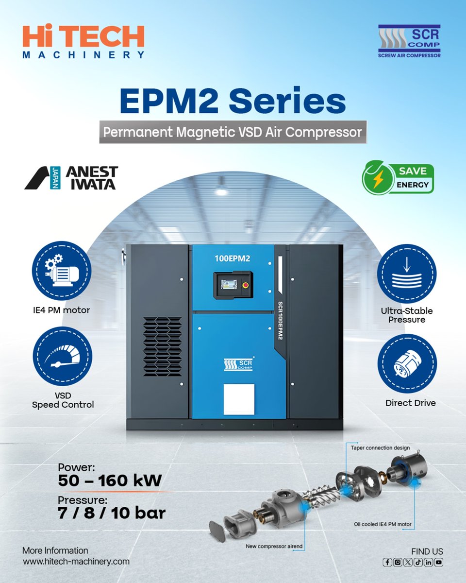 hitech_machine1's tweet photo. EPM2 Series - Permanent Magnet VSD Air Compressor

Stable air pressure with energy-efficient performance. Built with an IE4 permanent magnet motor, VSD control &amp; a direct drive system for a reliable air supply.

#AirCompressor #EnergyEfficiency #IndustrialEquipment #Manufacturing https://t.co/1jhWEKYoIM