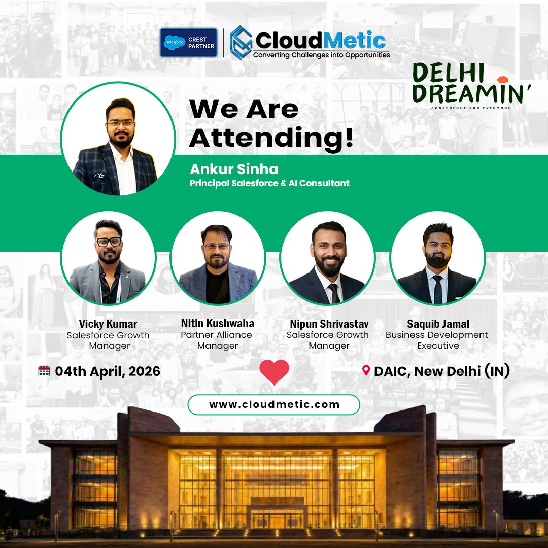 cloud_metic's tweet photo. 𝐃𝐞𝐥𝐡𝐢, 𝐢𝐭’𝐬 𝐚𝐛𝐨𝐮𝐭 𝐭𝐨 𝐠𝐞𝐭 𝐫𝐞𝐚𝐥! 🚀

Team @cloud_metic is pulling up at @delhidreamin 2026 in just 2 days, where ideas, innovation, and the @salesforce fam come alive. ⚡

#Salesforce #CRM #AI #Technology #SalesforceEvent #DelhiDreamin #SalesforceCommunity https://t.co/cNYnr16MmV