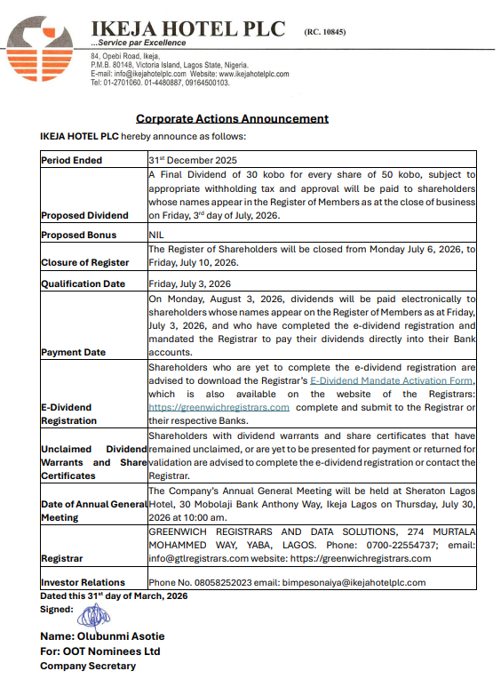 StockmanNigeria's tweet image. Ikeja Hotel Plc has announced a proposed final #dividend of 30 kobo per 50 kobo share for FY 2025, payable to shareholders on record as of July 3, 2026,