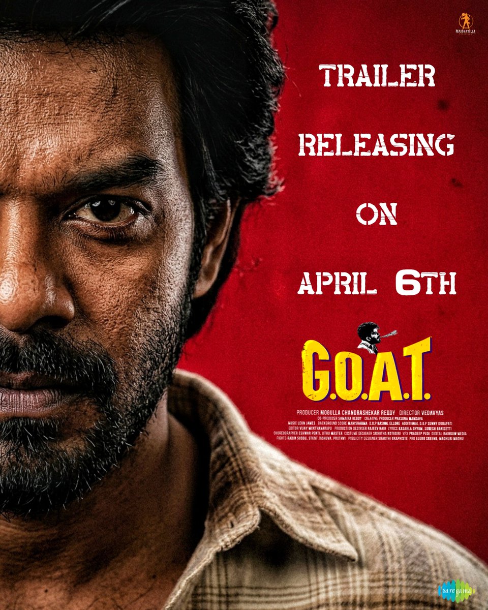 Sudheeranandh's tweet photo. Trailer
Releasing
On
"𝗔𝗽𝗿𝗶𝗹 𝟲𝘁𝗵"
Stay Tuned To @MahatejaC
#SudigaliSudheer #GOATTrailer #GOATTheMovie #DivyaBharati https://t.co/wR7yzgQGqI