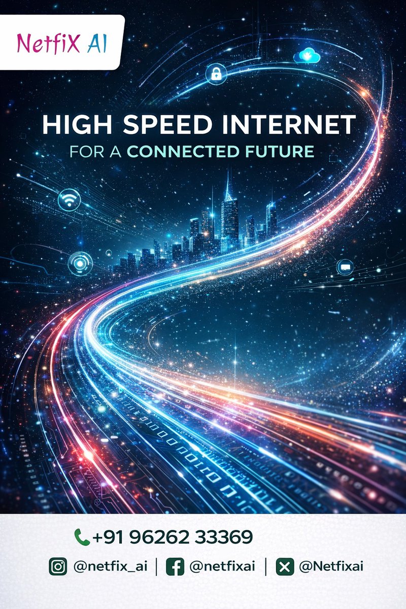 Netfixai's tweet photo. The Futuristic City (Speed &amp; Connectivity)
The future isn’t coming; it’s already here. 🚀 Experience blistering speeds and a seamless connection that keeps up with your lifestyle. 

#NetfixAI #HighSpeedInternet #FutureTech #ConnectedFuture #SmartHome #DigitalIndia #InternetSpeed https://t.co/2YkoCn9FqY