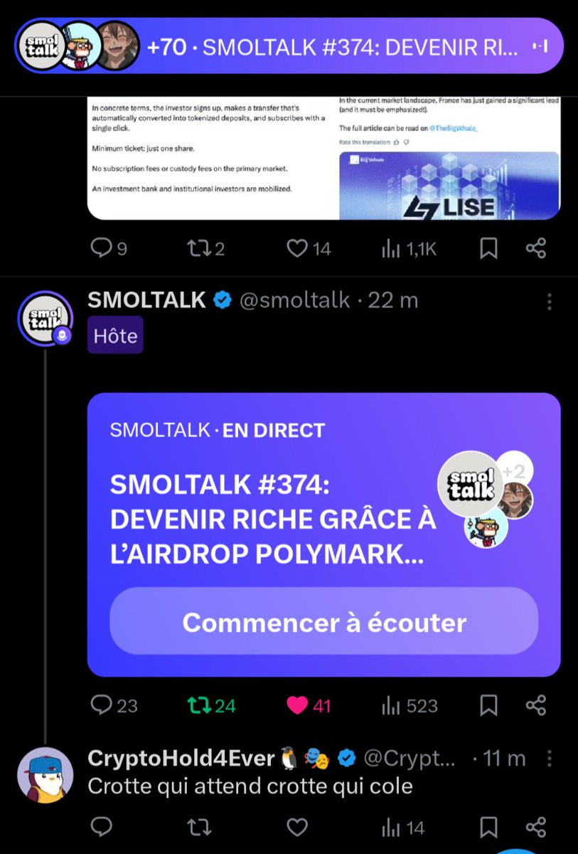 ProsperFlantier's tweet photo. Pour le prime du divertissement c'est ici @smoltalk 
Même pas besoin d'écouter pour savoir que c'est un space d'anthologie @CryptoHoldEver https://t.co/aI8PVr167T