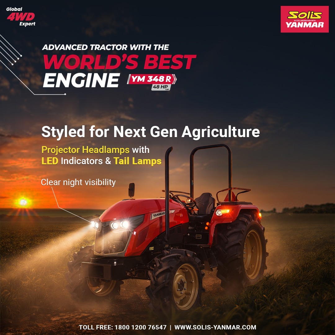 TractorsSolis's tweet photo. Experience next-level farming with the YM 348R. Equipped with projector headlamps, LED indicators, and tail lamps, it ensures clear visibility even during late working hours. Its advanced engineering and world-class engine help you work smarter in every field condition. https://t.co/KKesbZclIG