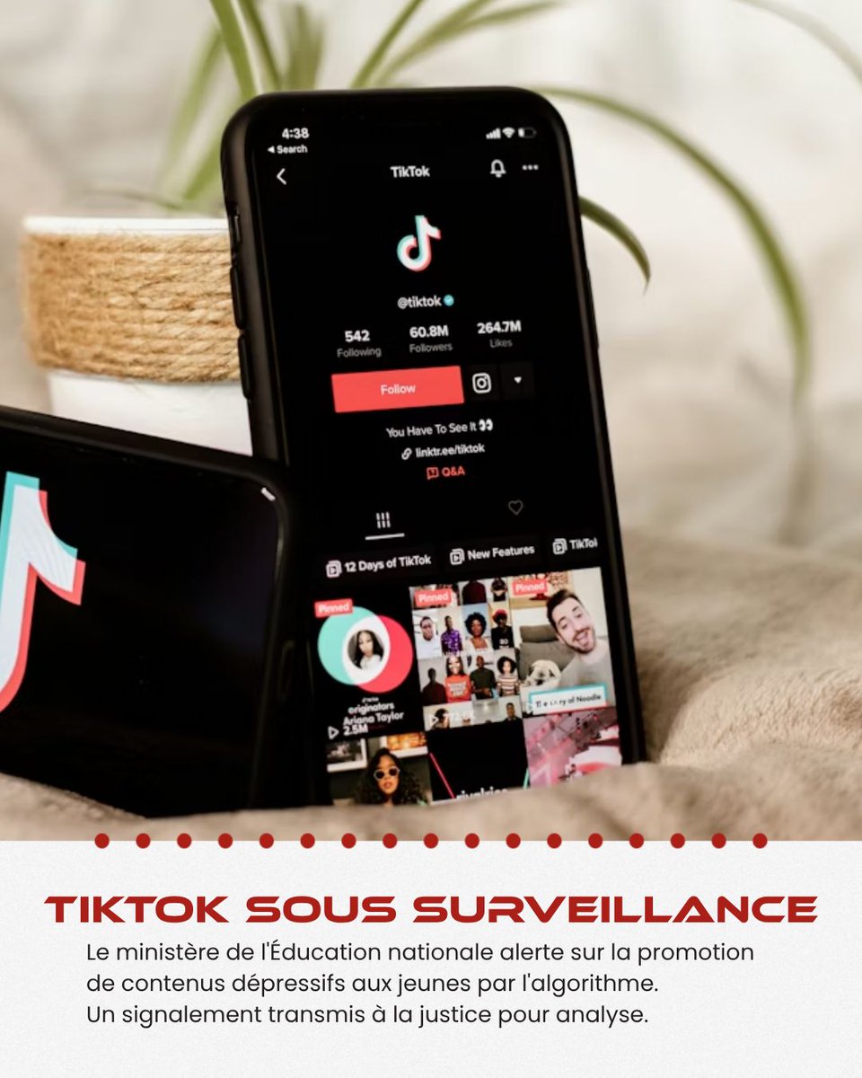 GamEarthFR's tweet photo. 🔎 Actu flash — TikTok dans le viseur du gouvernement

Le ministère de l'Éducation nationale a mené une enquête révélant que TikTok propose davantage de contenus à caractère dépressif aux jeunes. Un signalement a été transmis au parquet de Paris pour analyse. https://t.co/pGxrVRylps