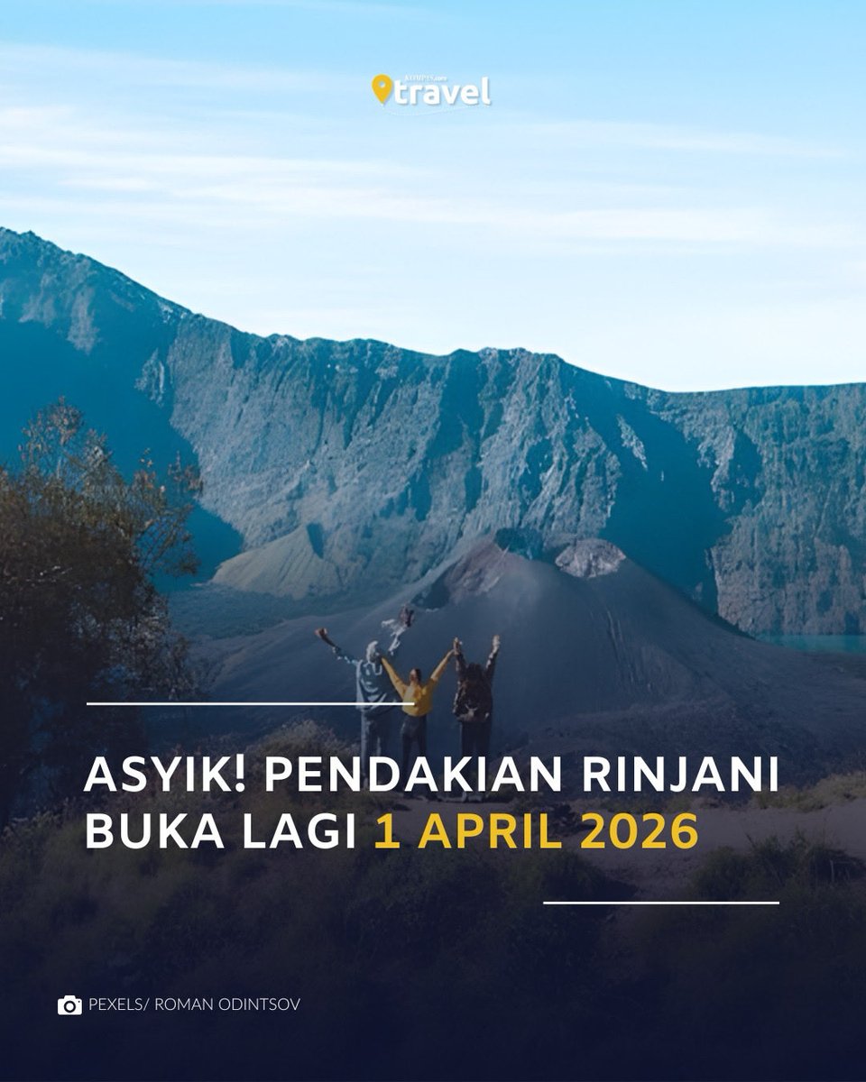 KompasTravel's tweet image. Aktivitas pendakian di Taman Nasional Gunung Rinjani kembali dibuka mulai 1 April 2026. Pemesanan tiket pendakian sudah dibuka sejak 6 Maret 2026 pukul 08.00 WIB.

Baca di sini: travel.kompas.com/read/2026/03/3…

/ #GunungRinjani #Pendaki #Rinjani #Feed