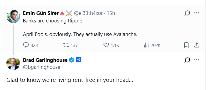 Steph_iscrypto's tweet photo. CRAZY: AVALANCHE CEO CALLS RIPPLE AN “APRIL FOOLS” https://t.co/dooqy4InPu