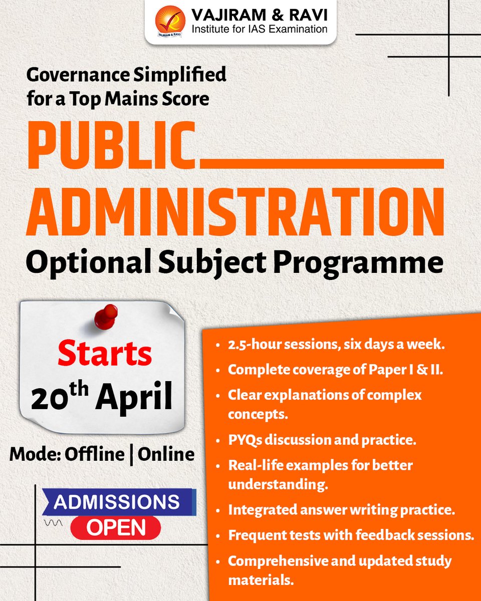 VajiramRavi's tweet image. 📘 Ace UPSC with Public Administration Optional

✅ GS II, III, IV + Essay overlap
📌 Integrated answer writing &amp;amp; class tests
📌 Study material
📌 Practical examples + inter-topic linkages

Join now 👉 docs.google.com/forms/d/18nnU7…

#UPSC2025 #PublicAdministration #IASPreparation