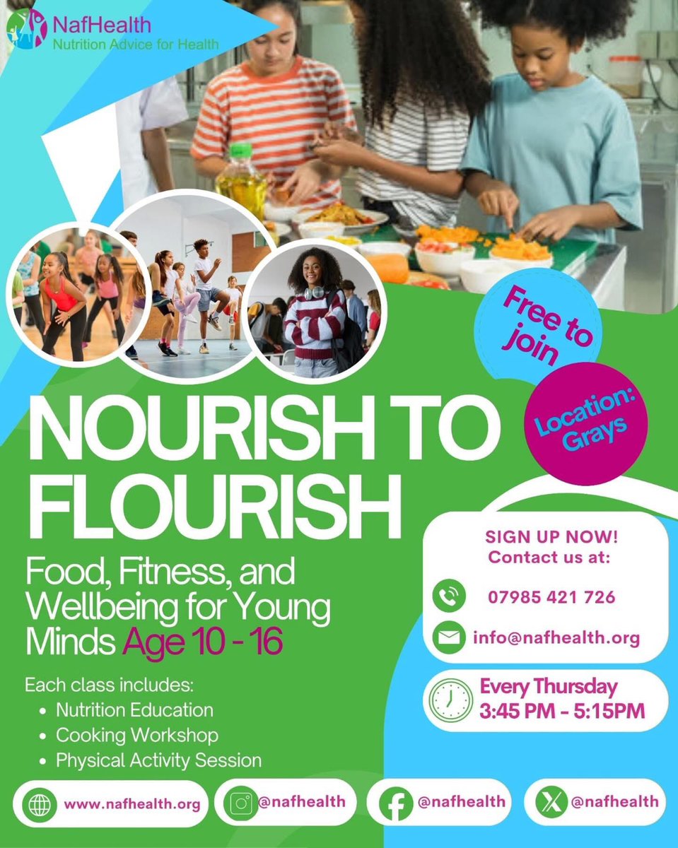 nafhealth's tweet photo. Nourish to Flourish is running this afternoon!
🕒 3:45pm | 📍 Grays

A fun, hands-on wellbeing programme for young people (10–16) — combining nutrition, cooking &amp; activity.

📞 07985 421726
📧 info@nafhealth.org

#NourishToFlourish #NafHealth #YouthWellbeing https://t.co/IJCLYYYLu9