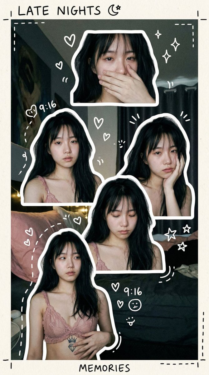 xiangyuli's tweet photo. 提示词:{
  "subject": {
    "description": "The same young East Asian woman appears five times in one vertical composition as individually cut out selfie portraits, arranged like an irregular hand-made sticker collage rather than a photo grid, with soft late-night intimate aesthetic, messy medium-length black hair, and pink lace lingerie look.",
    "mirror_rules": "Not a mirror selfie; treat it as a front-camera smartphone collage of multiple cutout portraits of the same person, with natural orientation and no mirrored text logic.",
    "age": "early 20s",
    "expression": {
      "eyes": {
        "look": "deep and soft almond eyes with natural catchlights, changing clearly from frame to frame",
        "energy": "gentle, melancholic, contemplative, slightly dreamy",
        "direction": "one direct gaze, one calm centered look, one shy hand-covering-mouth expression, one downward contemplative glance, one lazy side glance"
      },
      "mouth": {
        "position": "gently covered by hand in one frame, naturally closed or slightly parted in others",
        "energy": "quiet, melancholic, naturally varied across the collage"
      },
      "overall": "five visibly different micro-expressions: soft melancholy, quiet gaze, shy hand-over-mouth, contemplative downward look, and lazy side glance"
    },
    "face": {
      "preserve_original": "Preserve the authentic facial features: natural almond eyes, small delicate nose, smooth jawline, slightly lean cheek contours, and natural East Asian proportions.",
      "makeup": "Minimal natural makeup: sheer natural base, matte skin, very subtle blush, minimal eye shadow, no visible eyeliner, natural lashes, soft brows, and nude or pale pink lips."
    }
  },
  "hair": {
    "color": "natural black",
    "style": "messy medium-length hair with natural tousled texture and irregular strands",
    "effect": "naturally disheveled, as if just woke up or late-night unkempt, with some strands falling across the face, creating a casual lazy feel"
  },
  "body": {
    "frame": "slender and slim upper-body presence",
    "waist": "slim, visible in some frames",
    "chest": "medium to large, partially covered by pink lace lingerie with deep V neckline",
    "legs": "not visible",
    "skin": {
      "visible_areas": "face, neck, shoulders, collarbones, deep V chest area, arms, and stomach",
      "tone": "natural fair skin with soft cool undertone",
      "texture": "soft and delicate, natural pore texture, not over-retouched glass skin",
      "lighting_effect": "dim indoor light gently wraps the skin, creating intimate late-night atmosphere"
    }
  },
  "pose": {
    "position": "five separate cutout portraits placed at different heights and scales inside one vertical canvas",
    "base": "make each portrait clearly different: one front-facing close-up with hand covering mouth, one centered portrait with calm direct gaze, one slightly turned with hand lightly touching cheek, one looking down contemplatively, one lazy side glance with hand naturally placed",
    "overall": "avoid repeated poses; vary the crop, head tilt, hand placement, and gaze so the collage feels spontaneous, uneven, and alive with late-night melancholic emotion"
  },
  "clothing": {
    "top": {
      "type": "pink lace bralette",
      "color": "pink",
      "details": "sheer lace with ruffles and see-through lace details, deep V neckline, revealing collarbones, shoulders, and stomach",
      "effect": "soft, sensual, intimate, with authentic late-night bedroom selfie feel"
    },
    "bottom": {
      "type": "pink lace panties",
      "color": "pink",
      "details": "partially visible or not visible"
    }
  },
  "accessories": {
    "prop": "tattoo on left abdomen with crown and diamond design (must be visible in some cutouts)"
  },
  "photography": {
    "camera_style": "smartphone front-camera late-night selfie collage with authentic lo-fi aesthetic",
    剩下的见评论